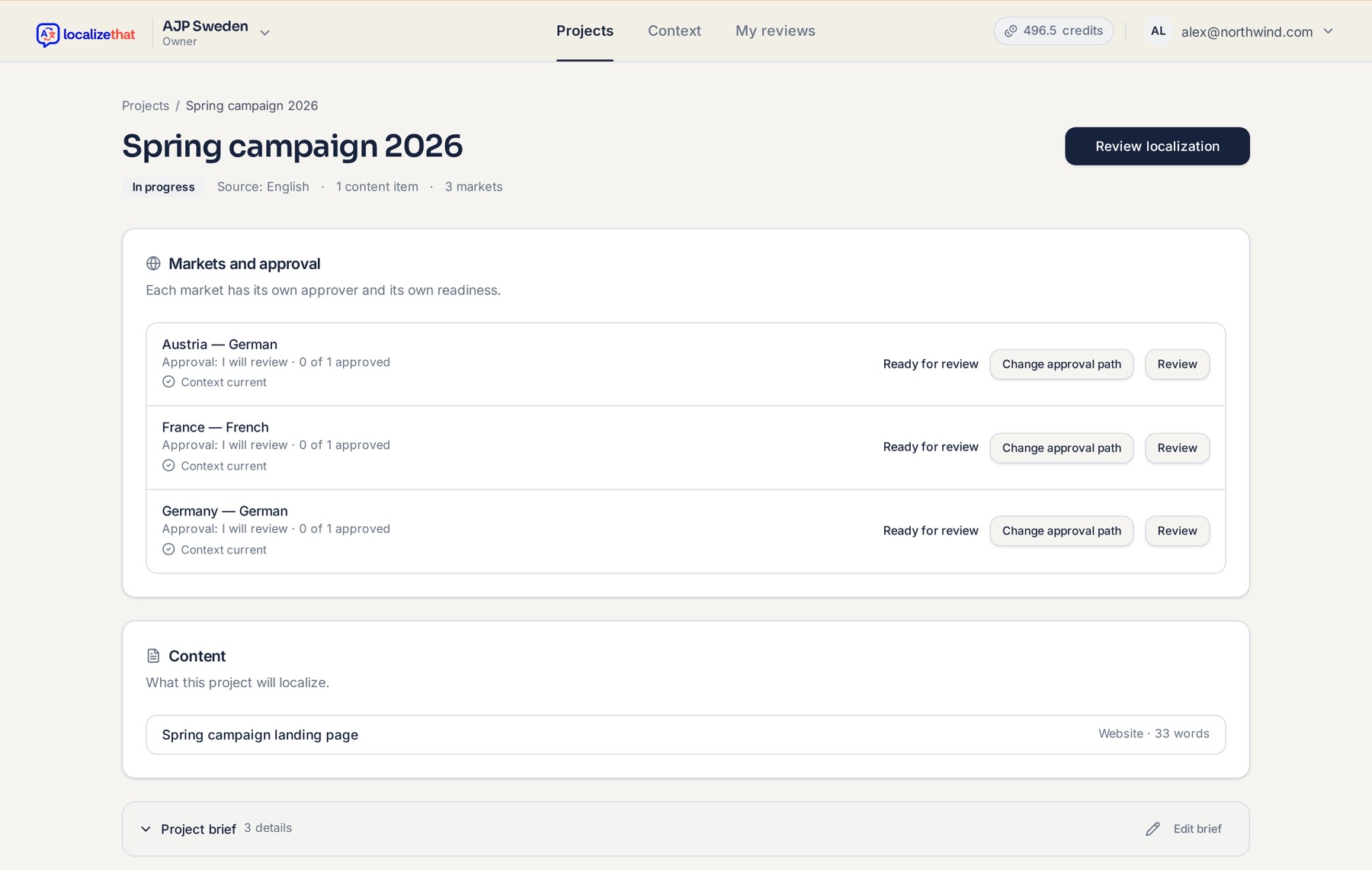 Localizethat project overview for Spring campaign 2026 showing source language, content and three markets