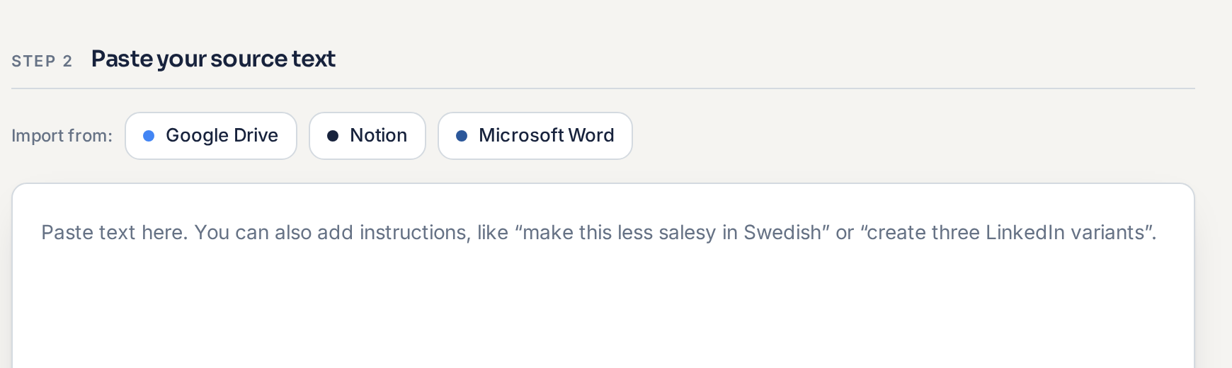 Connect Google directly from the localization workflow — the import row sits in the step where you add your source text.