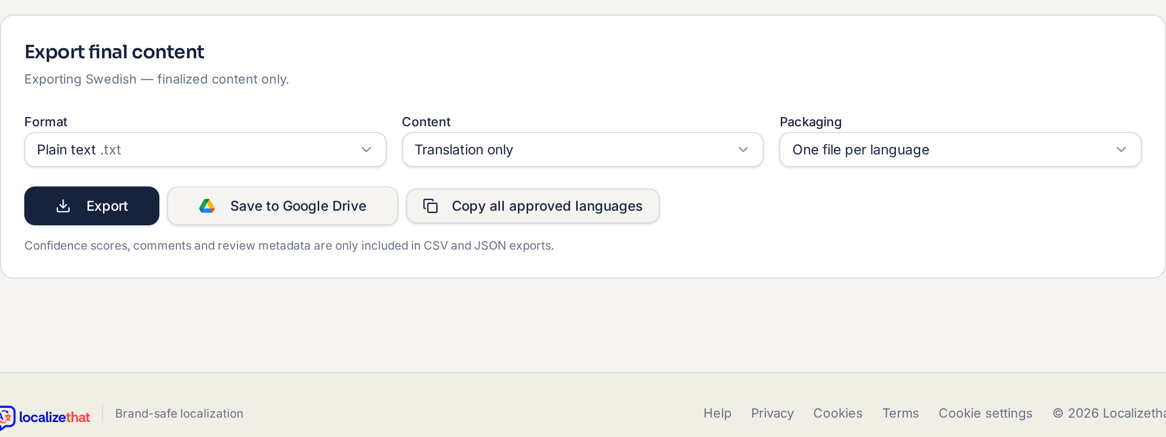 Export panel with format, content and packaging options plus Export and Save to Google Drive buttons.