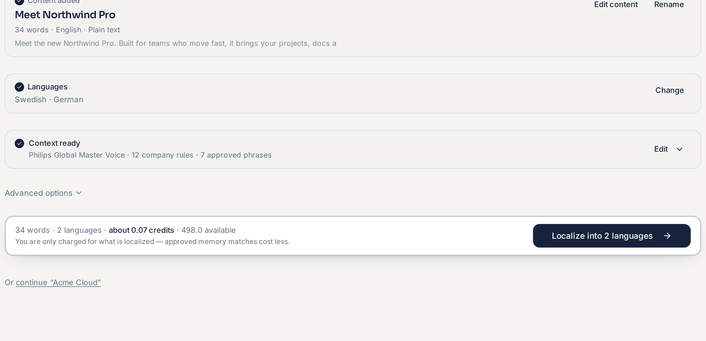 Step three of the Localize flow: source summary, selected languages, a Context ready panel and an action bar showing the estimated credits with a Localize button.