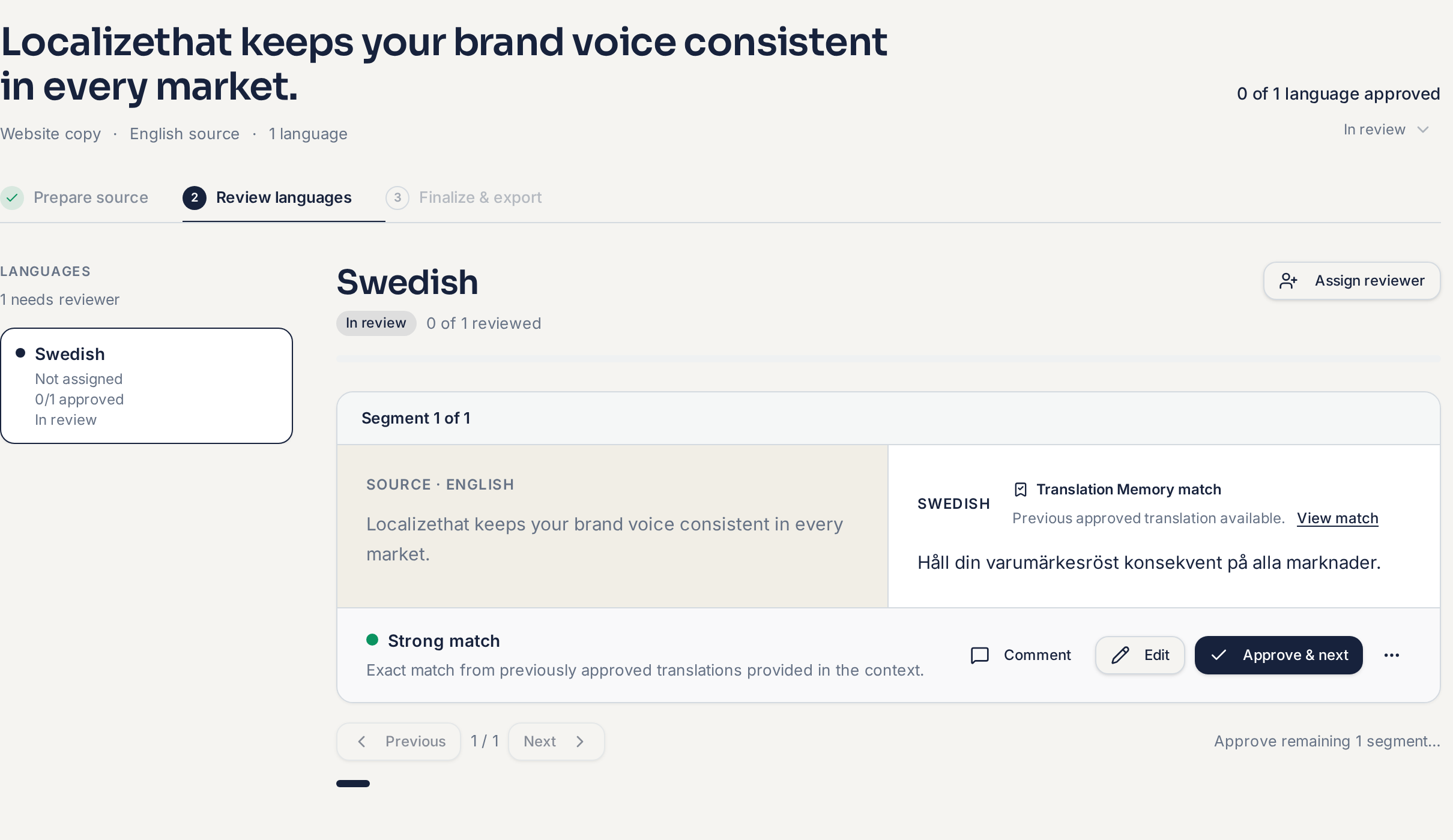 Review screen showing one segment with the English source, the Swedish translation and Comment, Edit and Approve actions.