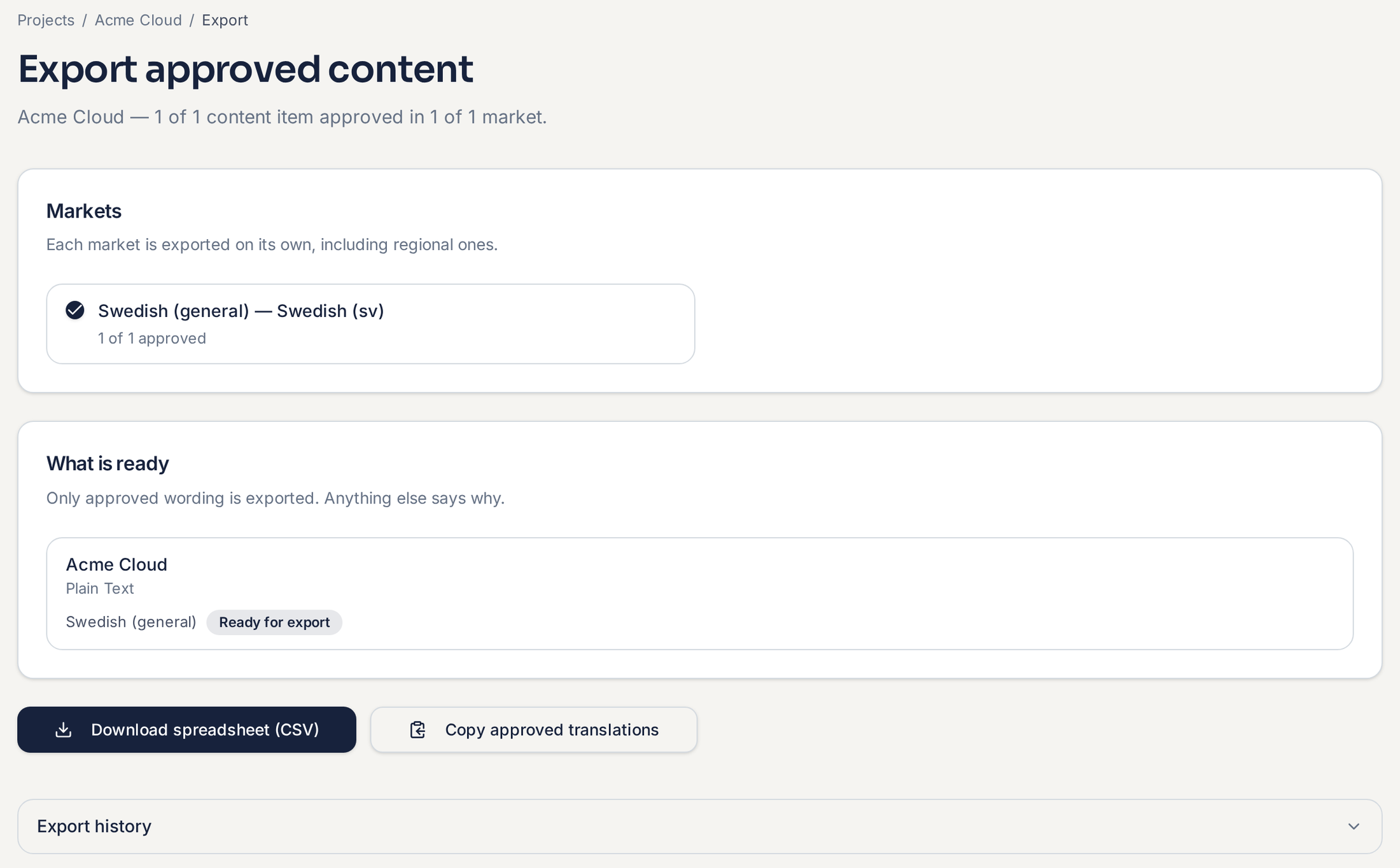 Export approved content: the market list with approval counts, what is ready for export, and Download spreadsheet (CSV) and Copy approved translations actions.