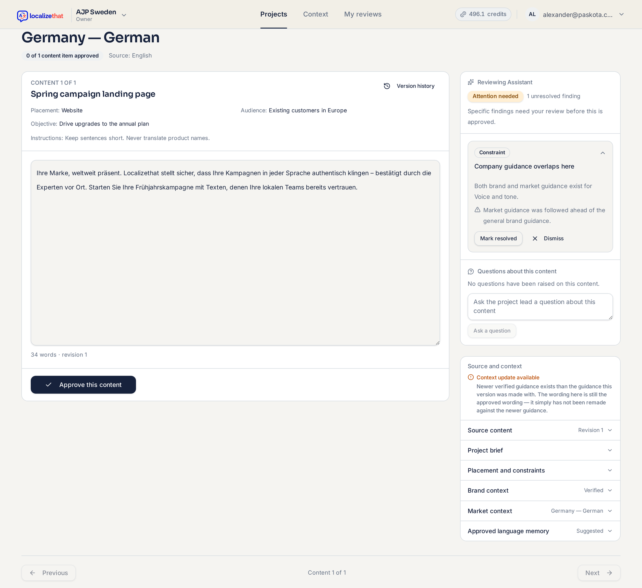 Review for the Germany — German market: the localized text with an Approve this content button, the Reviewing Assistant showing Attention needed, and the source and context this version was made with.